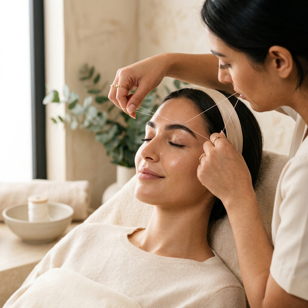 Precision eyebrow threading treatment at Rozy's Studio